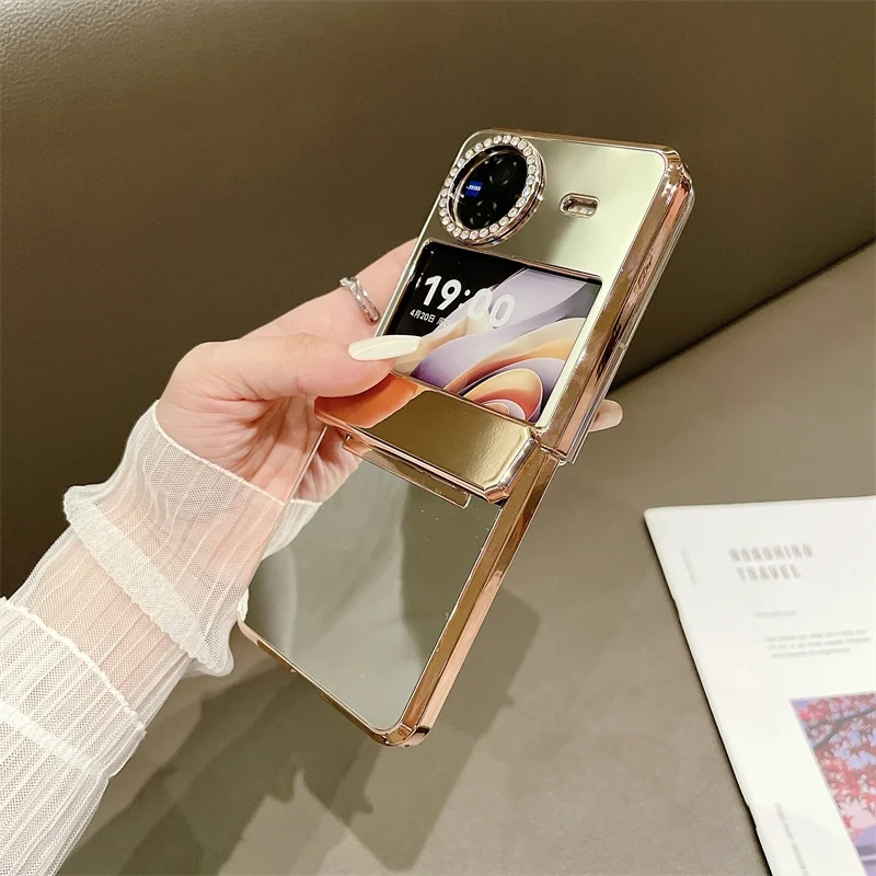 Electroplated Mirror Makeup Phone Case For VIVO X Flip Hard PC Back Cover For VIVO X Flip Camera Belt Drill Case Shell