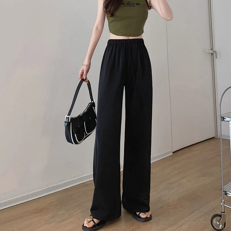 

Women Wide Leg Pants Ice Silk Spring Summer Thin Solid Color Straight Trousers Loose Fashion Female Casual High Waist Pants