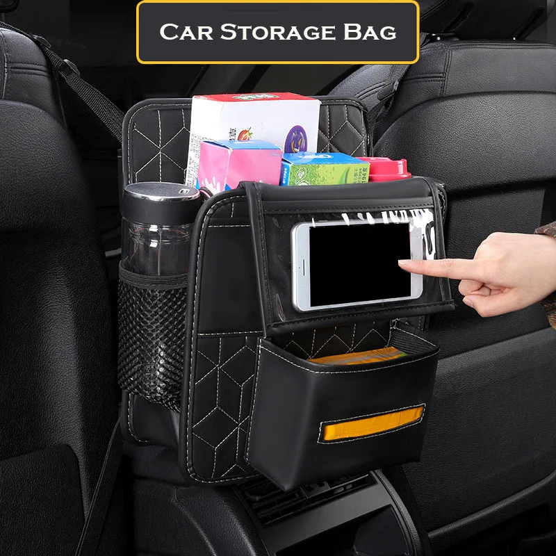 LeatherCarStorageBagTouchableScreenMultifunctionalCarStorageHangingBagAutomotive