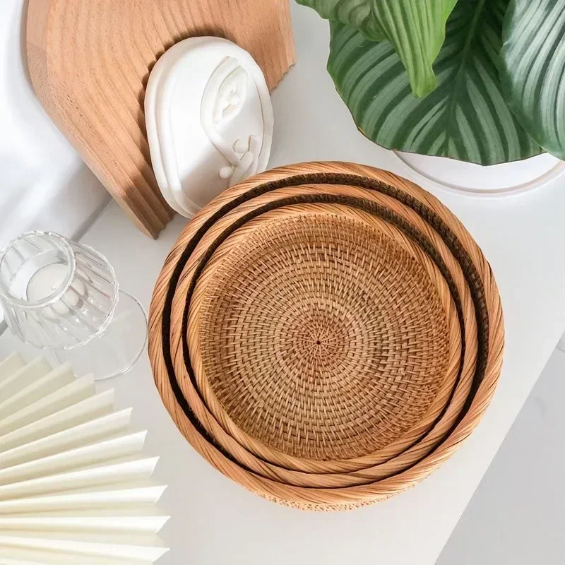 Round Rattan Woven Basket, Wicker Fruit Basket, Bread Food Kitchen Home Decor Organizer, Breadbasket For Kitchen 2