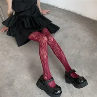 Y2k Fashion Gothic Flower Hollow Out Sexy Pantyhose Women Fishnet Wine Red Ins Hot Girls JK Tights High Elastic Hipster Leggings - Image 2