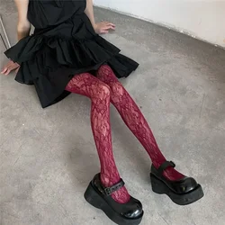 Gothic Flower Hollow Out Wine Red Fishnet Pantyhose - One Size (Wine Red)