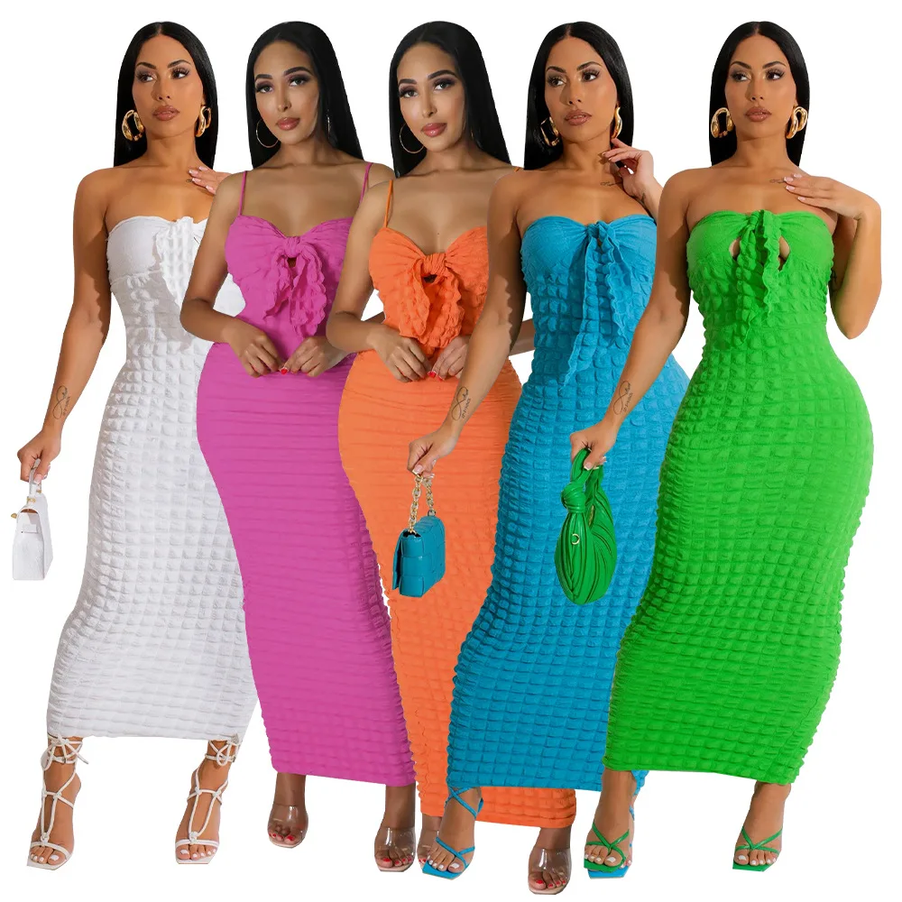 

2023 Women Sleeveless Bubble Cloth Dresses Sexy Bowknot Strapless Long Dress Female Summer Trending Solid Slim Bodycon Dresses