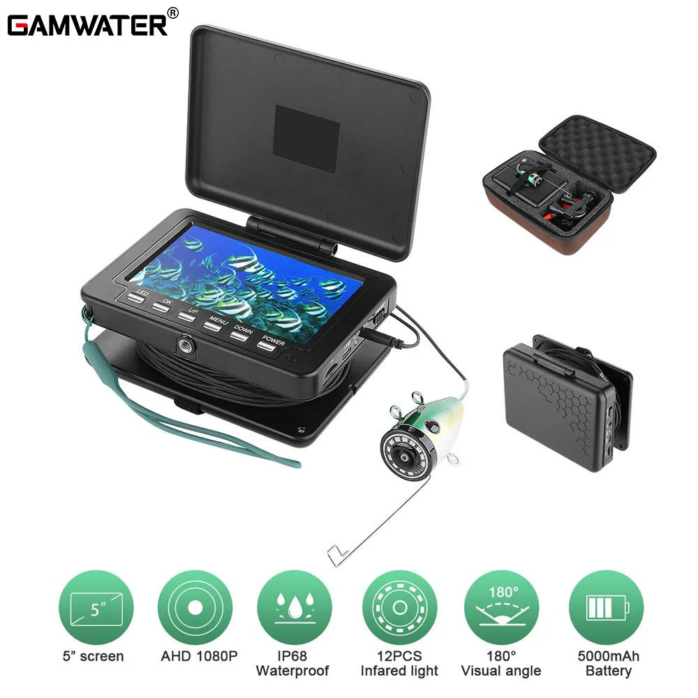 Caméra pêche sous glace 5 pouces DVR AHD 1080P 12 LEDs IR avec carte 16GB pour enregistrement vidéo