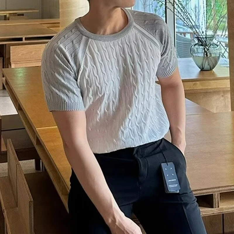 남성용 빈티지 슬림핏 O넥 반팔 패치워크 니트 티셔츠, 캐주얼 통기성 뜨게 상의, 여름 신상