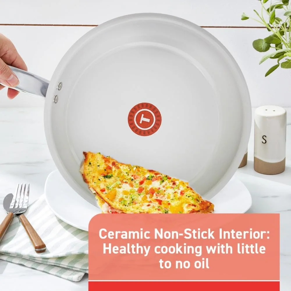 T-fal Fresh Gourmet Recycled Ceramic Non Stick Cookware Set 12 Piece, Oven Broiler Safe 500F, Lid Safe 350F, Kitchen Cooking Set