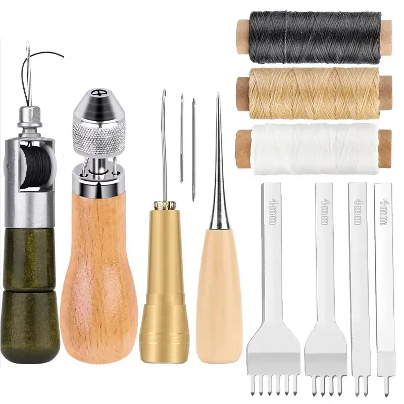 IMZAY Leather Sewing Tool Kit Leather Hand Stitcher Waxed Thread Copper Handle Awl Punching Tool Big Eye Sewing Needles leather sewing kit leather tools leather craft tool kit leather craft tools leather craft tool