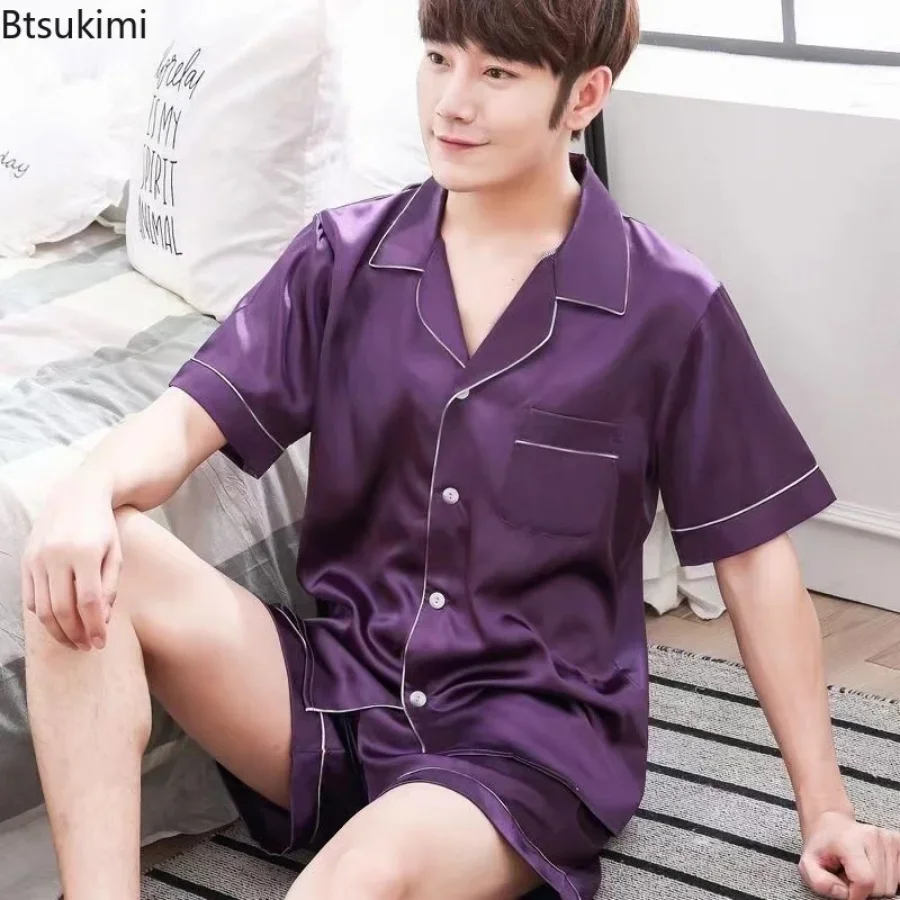 Summer men silk satin pajamas set Turn-down Collar Sleepwear Short Sleeve Nightwear 2 Pieces Sets Homewear 5XL