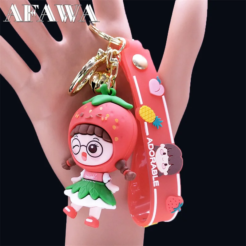 AdorableStrawberryGirlKeyChainforChildSiliconeFruitKeyringHolderBagAccessoriesy2k