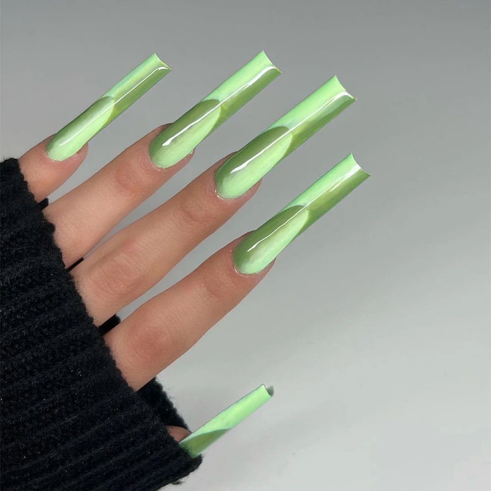 Glossy Almond Press Nails Green White Swirls Design Full - Temu New Zealand