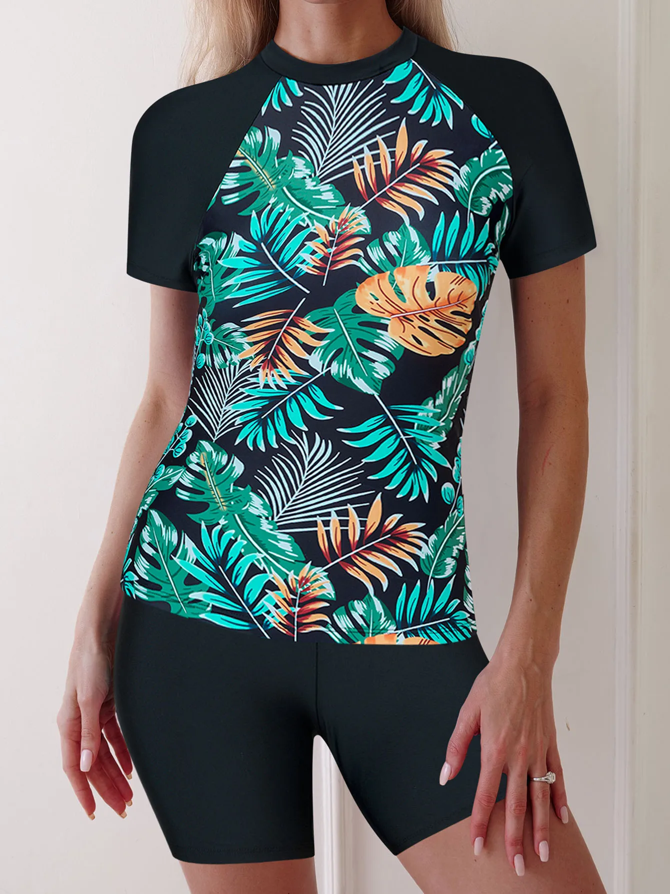 Short Sleeve Surfing Swimsuit Women Drawstring 2-Piece Diving Clothes Print Swimwear Female Beachwear Bathing Swimming Suit women swimsuit women two piece sets