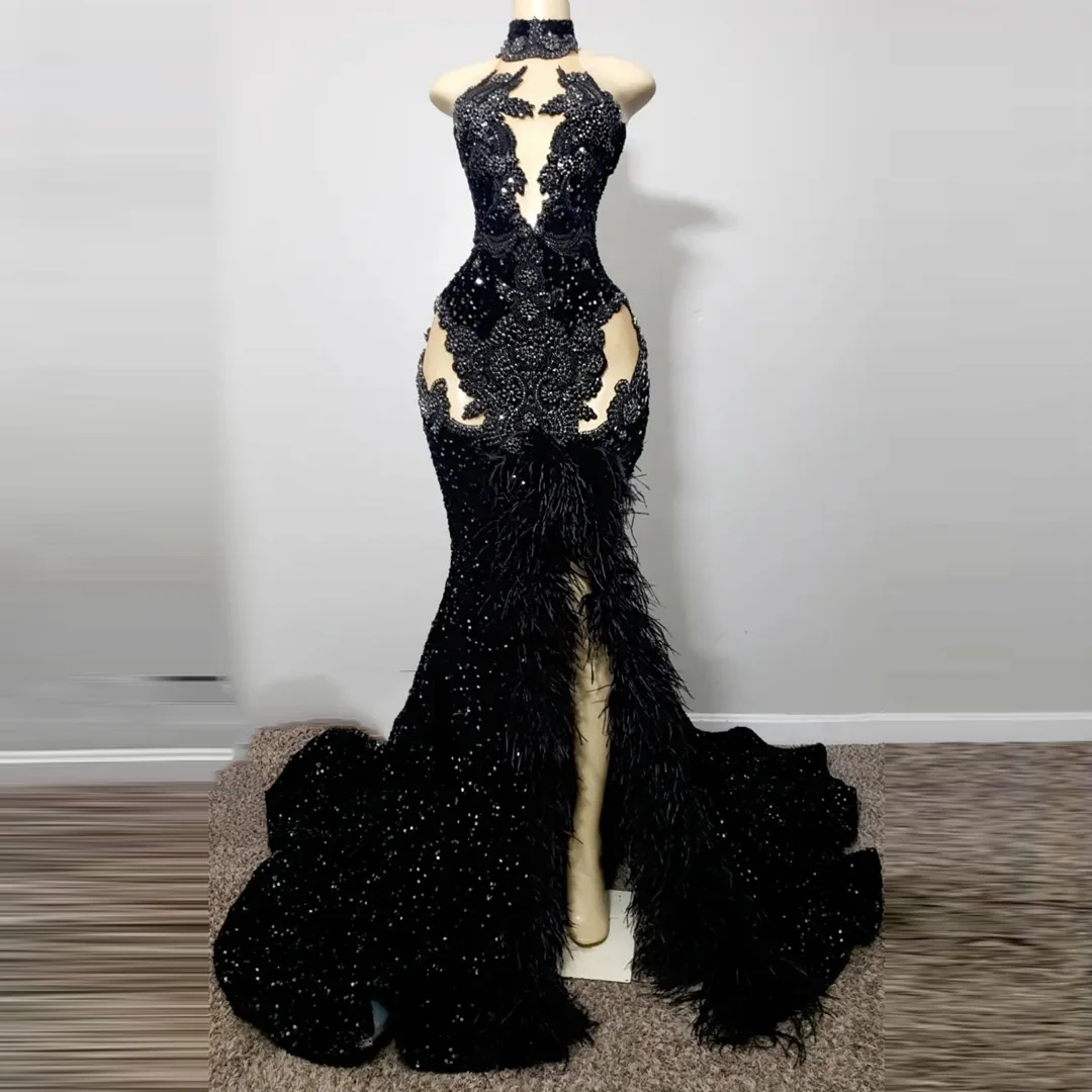 

Aso Ebi Black Feather Sequins Mermaid Prom Dresses Luxury 2023 For Black Girls Beaded Crystal Wedding Party Gowns Robe De Soirée