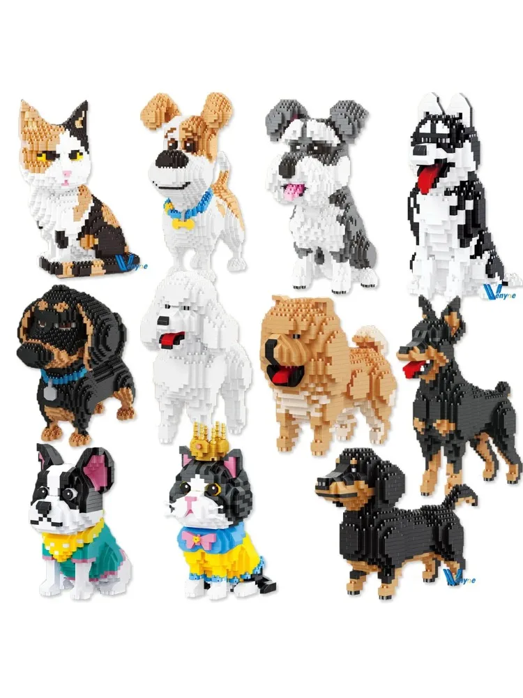 Kawaii Pet Building Blocks Doberman Shiba Inu Poodle Mike Dog Mini Bricks Cat Figure Husky Schnauzer Model Toys For Kids Gift