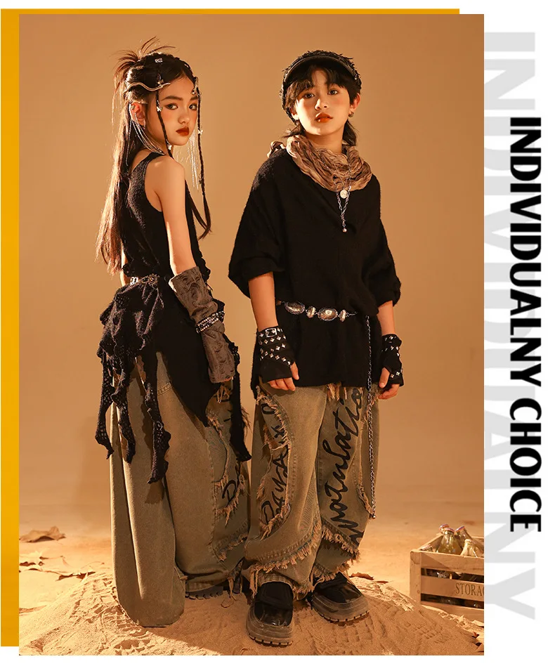 Girls Wasteland Street Dance Knitted Tank Top Jeans Boys Hip Hop Hoodies Clothes Sets Kids Jazz Costume Children Punk Streetwear Sd738bcd3eb7e4be69852874ab14b96fdi