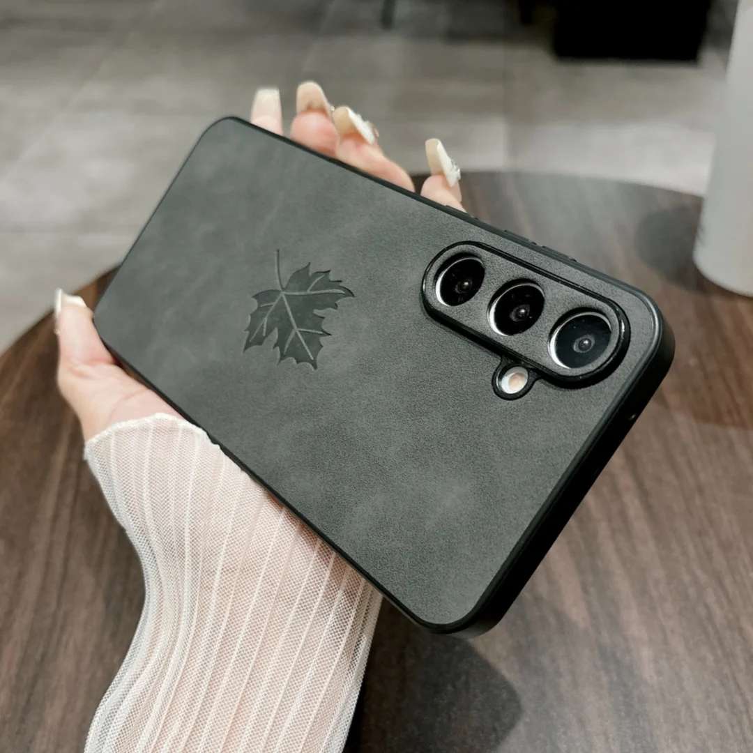 Retro Maple Leaf Pattern PU Leather Phone Case with Silicone Cover