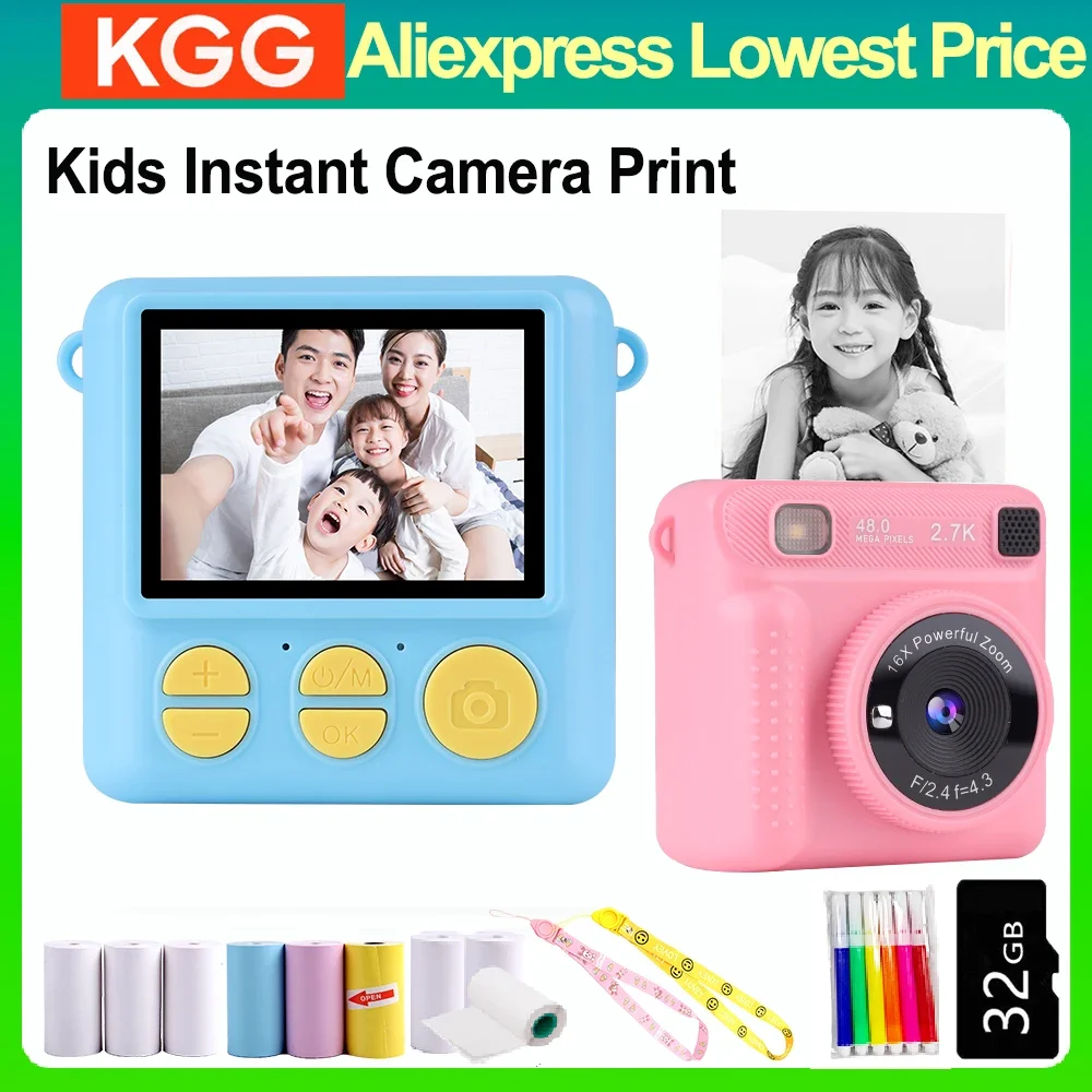 Digital Camera Kids Instant Print Camera 2.4inches HD Screen 2.7K Scheduled Shooting Easy Selfie Kids Picture Printer Birthday Christmas Gifts