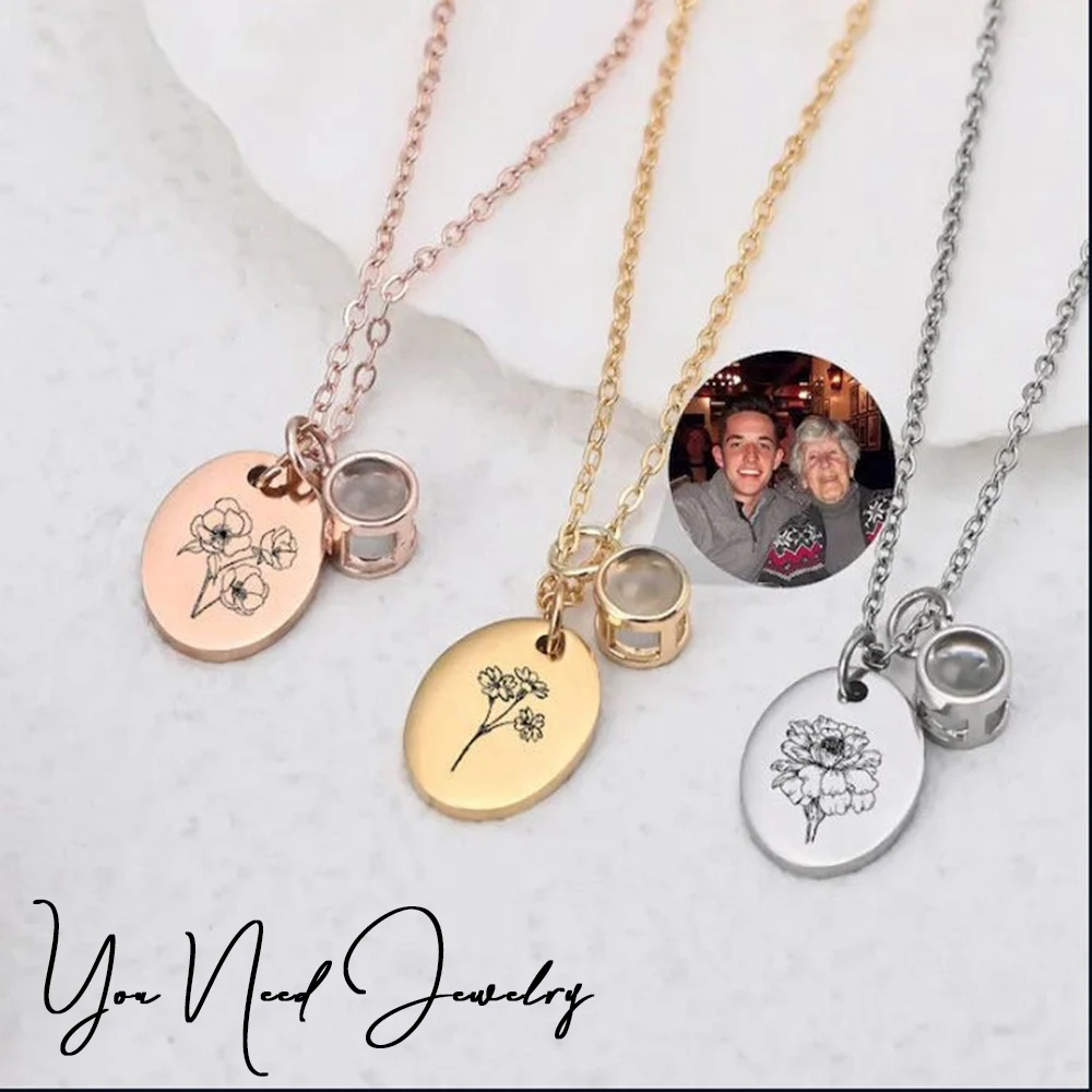 

Custom Photo Projection Birth Flower Necklace DIY Picture Inside Engraved Name Pendant Necklace Anniversary Gift for Mom