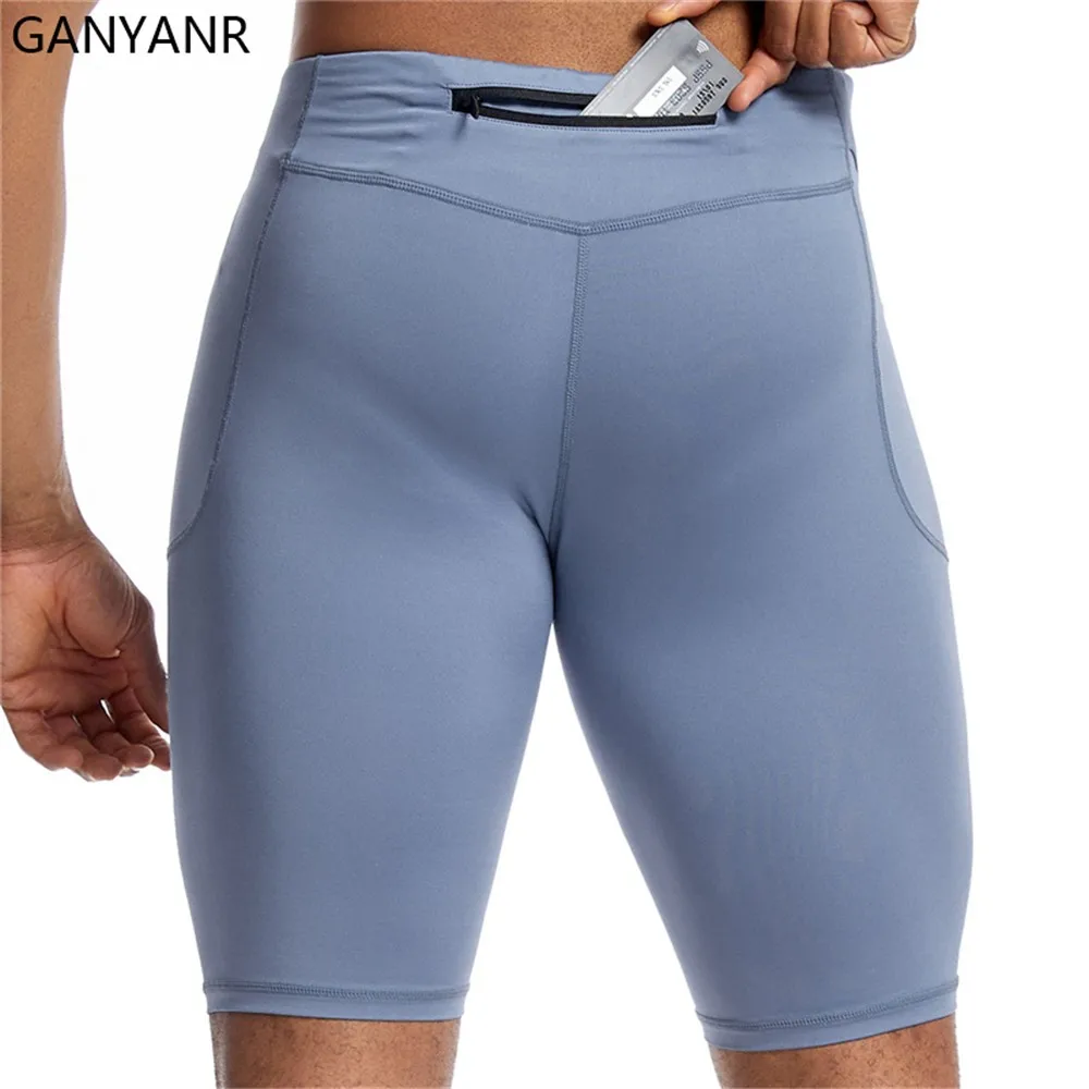 GANYANR mens running tights shorts with pockets Compression Cycling Yoga workout Leggings Football Sports gym basketball soccer sports shorts sports leggings compression pants