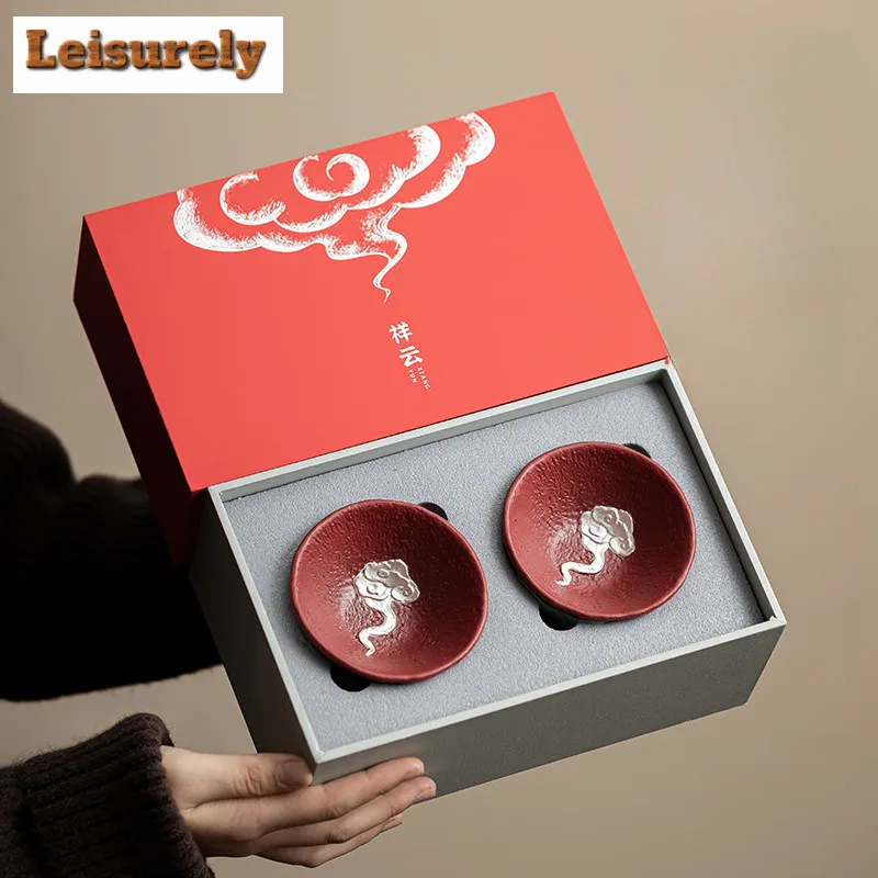 100ml Palace Red Auspicious Cloud Gilded Silver Teacup Antique Tea Bowl Tea Cup Set Tea-tasting Smelling Cup Chazhan Tableware