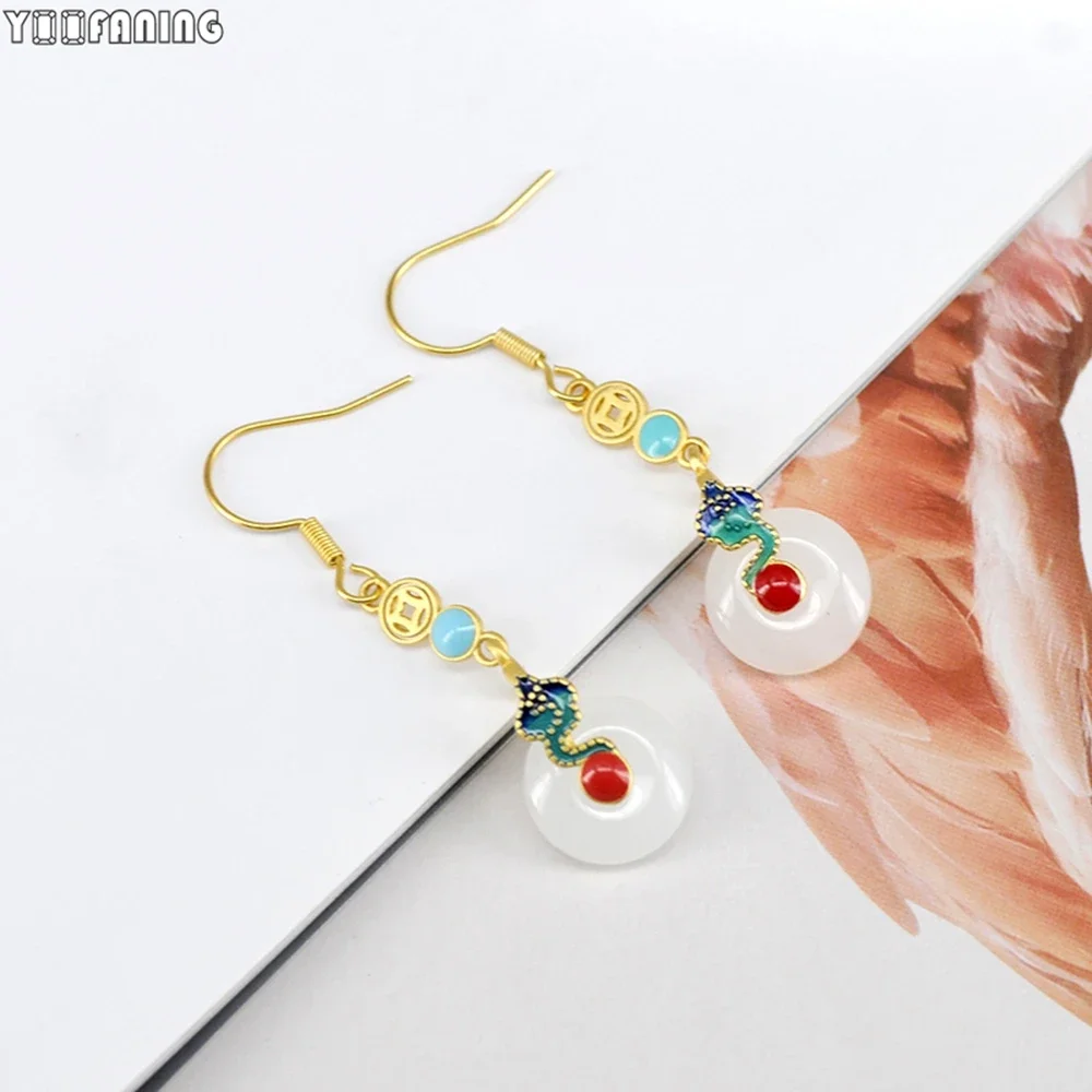 925 Sterling Silver Ear Needle Chinese Wind Hoop Earrings Pendant Jade Enamel Ancient Method Gold Earrings for Women Jewelry 6
