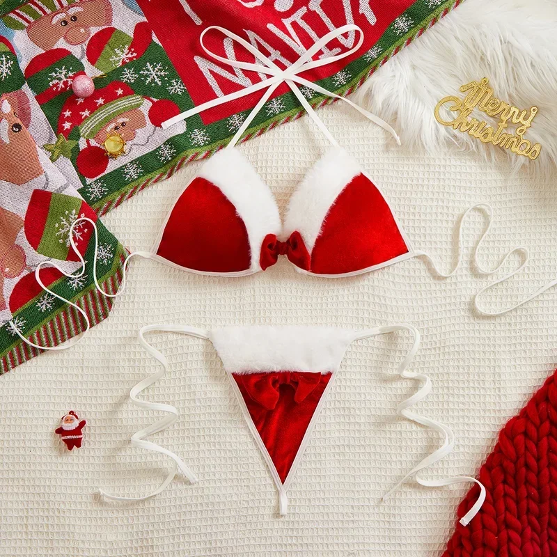 2025 Christmas Sexy Lingerie Red Velvet Bowknot Bras And Briefs Suit Women Underwear Sets Adult Sexy New Year Costume