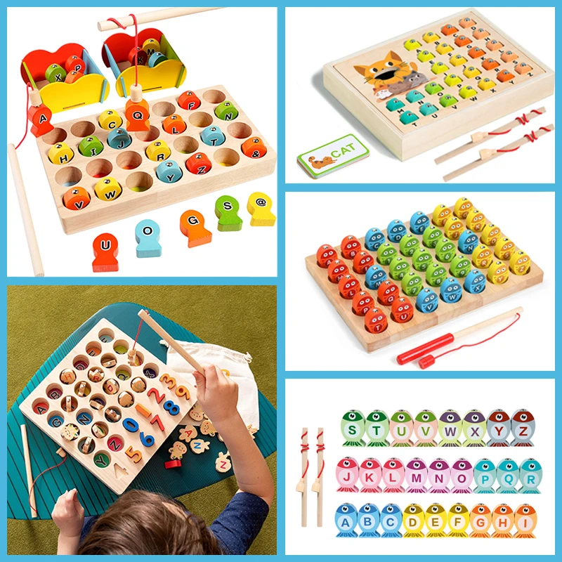 Kids Wooden Montessori Magnetic Fishing Toys Learning Alphanumeric Colors Matching Sorting Interactive Game Early Education Toys
