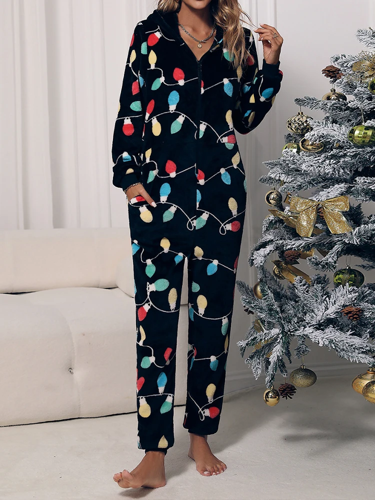 

OMSJ Women New Printed Flannel Christmas Style Jumpsuits Comfortable Pyjamas Hooded Collar Long Sleeve Front Zip-up Home Rompers