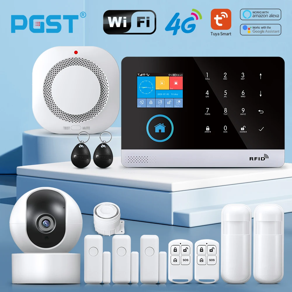 PGST 103 2.4 inch screen 4G 2G WIFI GSM home bulgar security system for home 433MHz APP control RFID card with PIR motion security system motion detector security alarm wireless alarm smart siren alarm