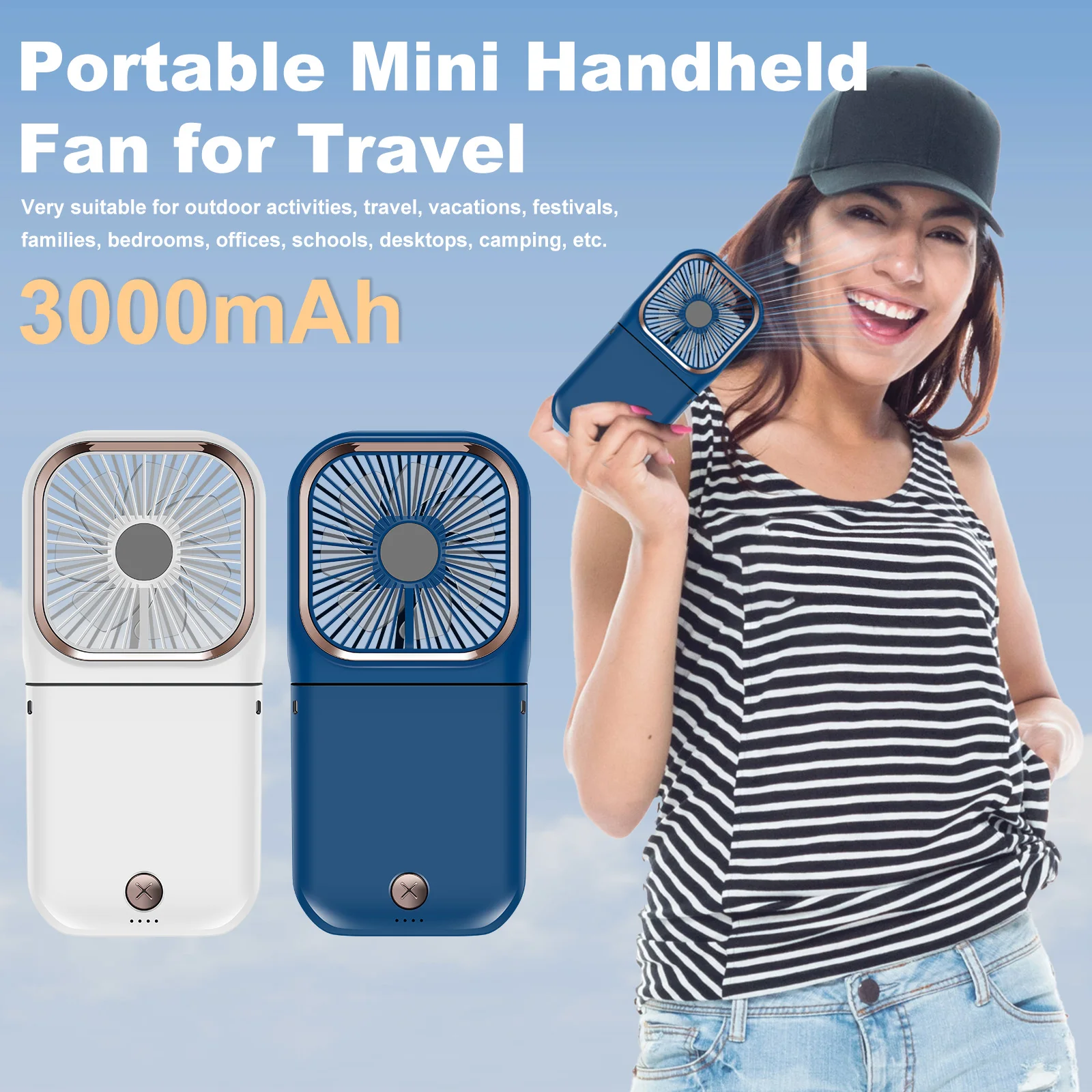 

New Portable Mini Handheld Fan with Lanyard Foldable Hand Held Personal Fan 3000mAh Rechargeable Handheld Cooling Fan 3 Speeds