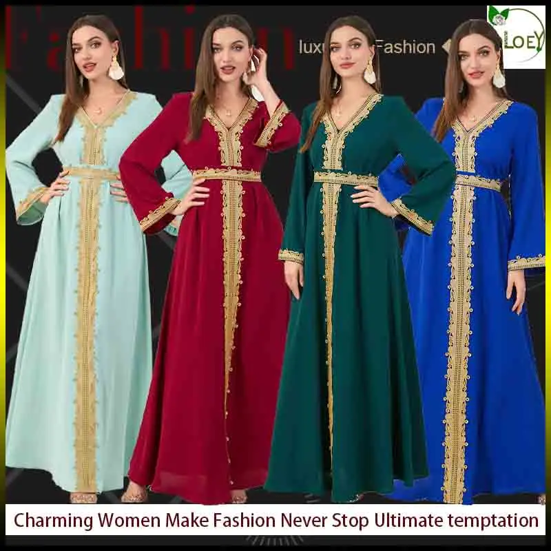 

New Red Blue Green Summer New Solid Color Stitching Muslim Women's Dress Lace Splicing Casual Home Dress Ladies Islam Abaya 2024