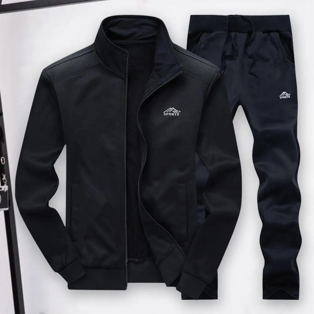 Men Sports Outfit Men's Autumn Winter Sport Outfit Stand Collar Jacket with Pockets Elastic Waistband Pants Set Stylish autumn trousers sports spring sweatpants pockets slim male pants great breathable autumn trousers for home