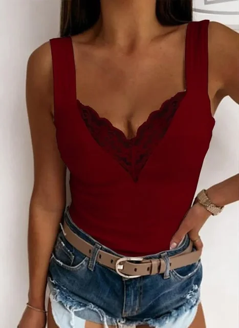 Camicie sexy senza maniche in pizzo tinta unita casual con scollo a V moda estiva da donna Top slim 4