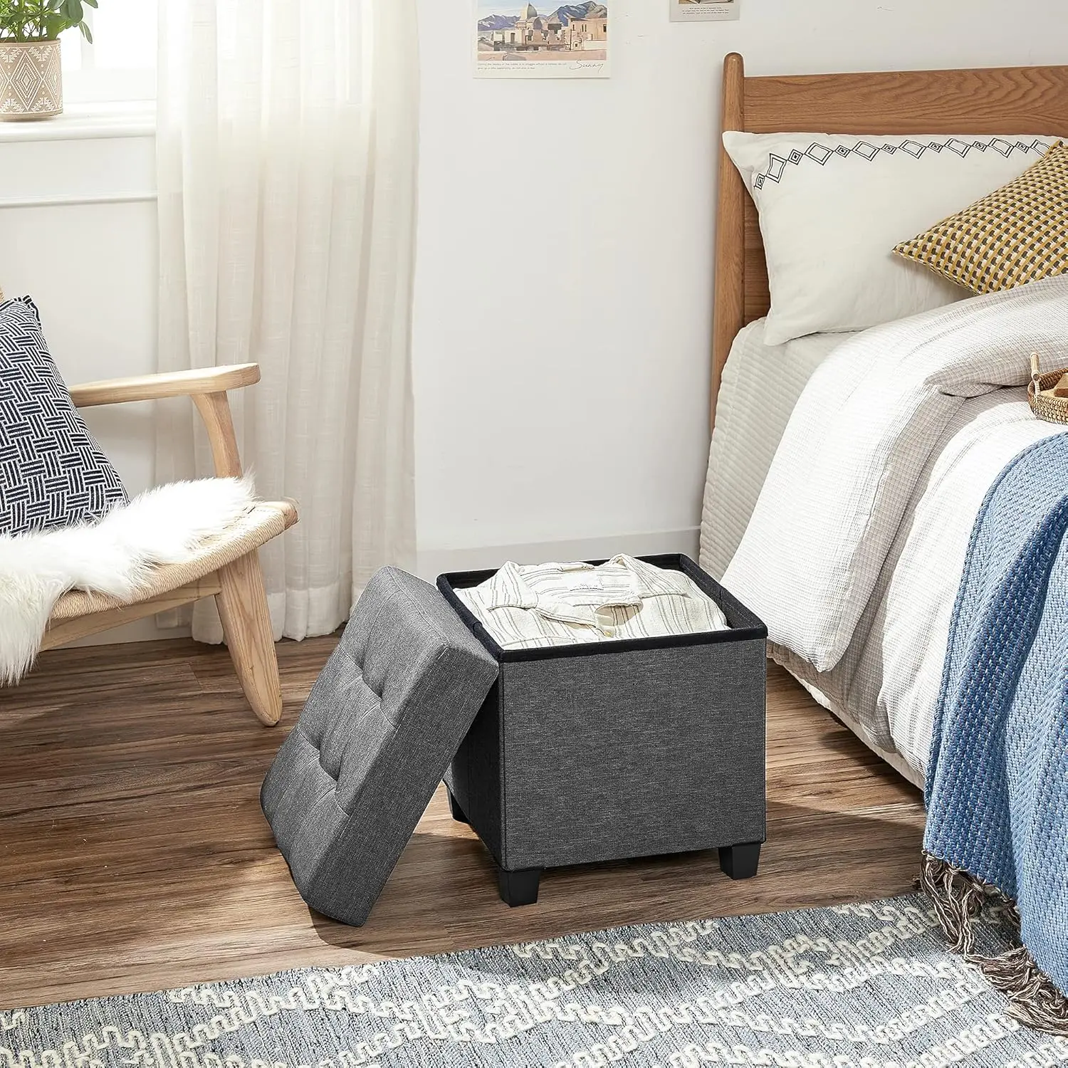 15 Inches Cube Storage Ottoman, Bedroom Bench with Storage, Foot Stool with Feet, Holds Up to 660 lb, Dark Gray ULSF14GYZ