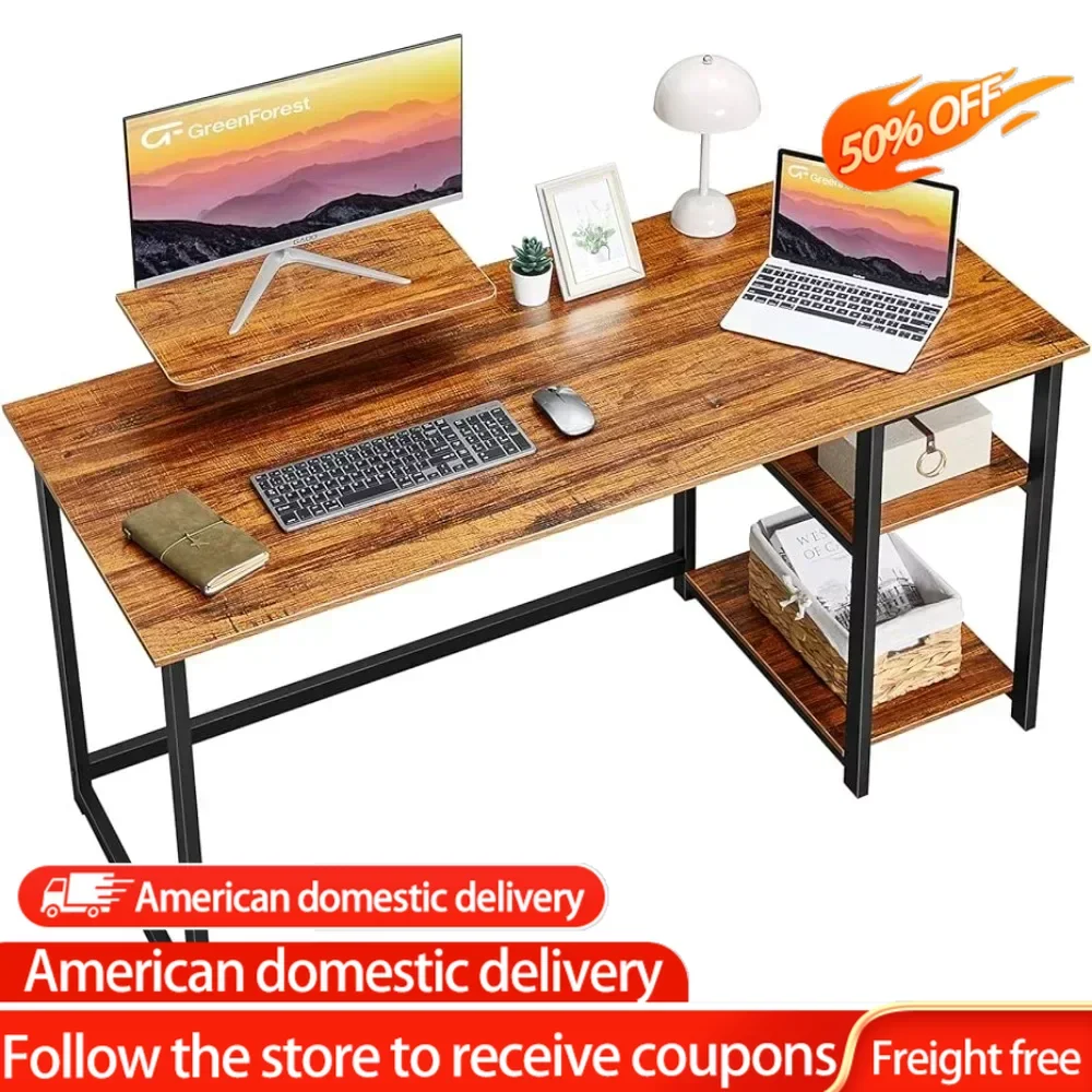 Computer Home Office Desk With Monitor Stand and Reversible Storage Shelves 55 Inch Modern Simple Freight Free Reading Table 55 inch small l shaped computer desk with storage shelves home office corner desk study writing table deep brown freight free