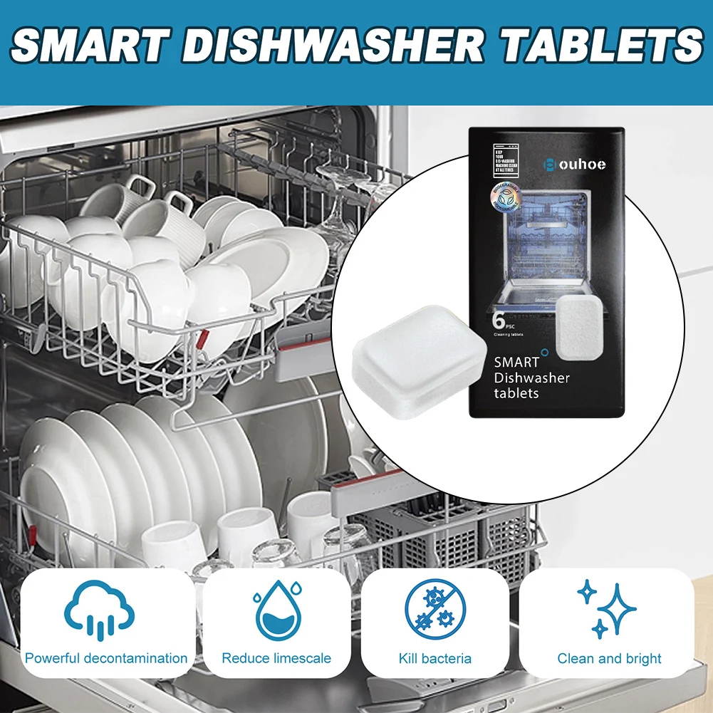 6pcs/box Deodorizer Tablets Remove Limescale Build Up and Odor Descaling Detergent Deep Cleaning for Dishwasher Washing Machine