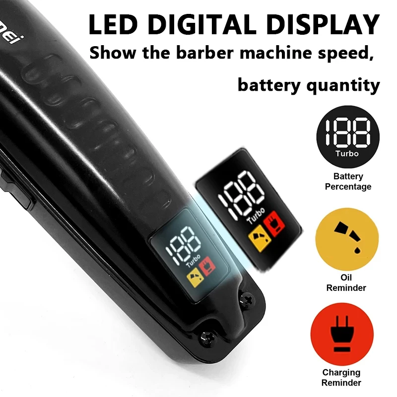Kemei KM-1578 남성용 충전식 헤어 클리퍼, 전문 LCD 디지털 디스플레이, USB 충전 헤어 커팅 머신