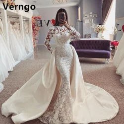 Verngo Applique Long Wedding Party Dress Mermaid Full Sleeves Bridal Gowns Draped Train Lace Bride Dress For Women 2024