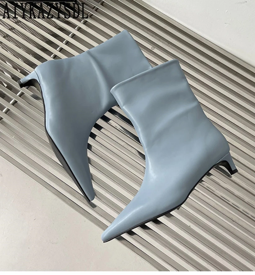 

AIYKAZYSDL Blue Kitten Low Heel Ankle Boots Women Thin Med Heel Chelsea Booties Soft Leather Short Boots Eelgant Shoes Autumn