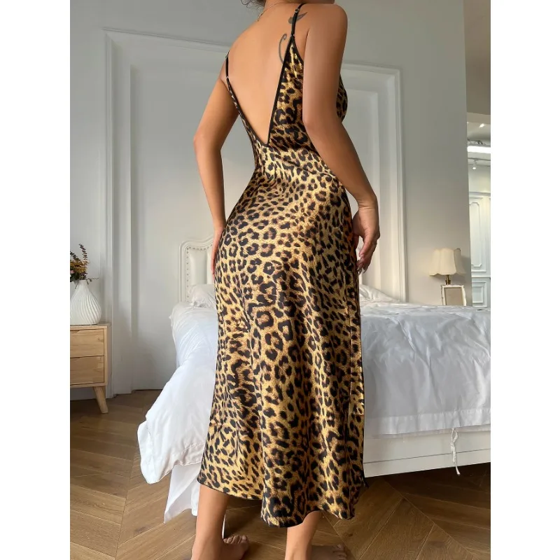 Women's Leopard Print Split Nightdress, Sexy V Neck, Backless, Spaghetti Strap, Sleep Dress, Sleepwear