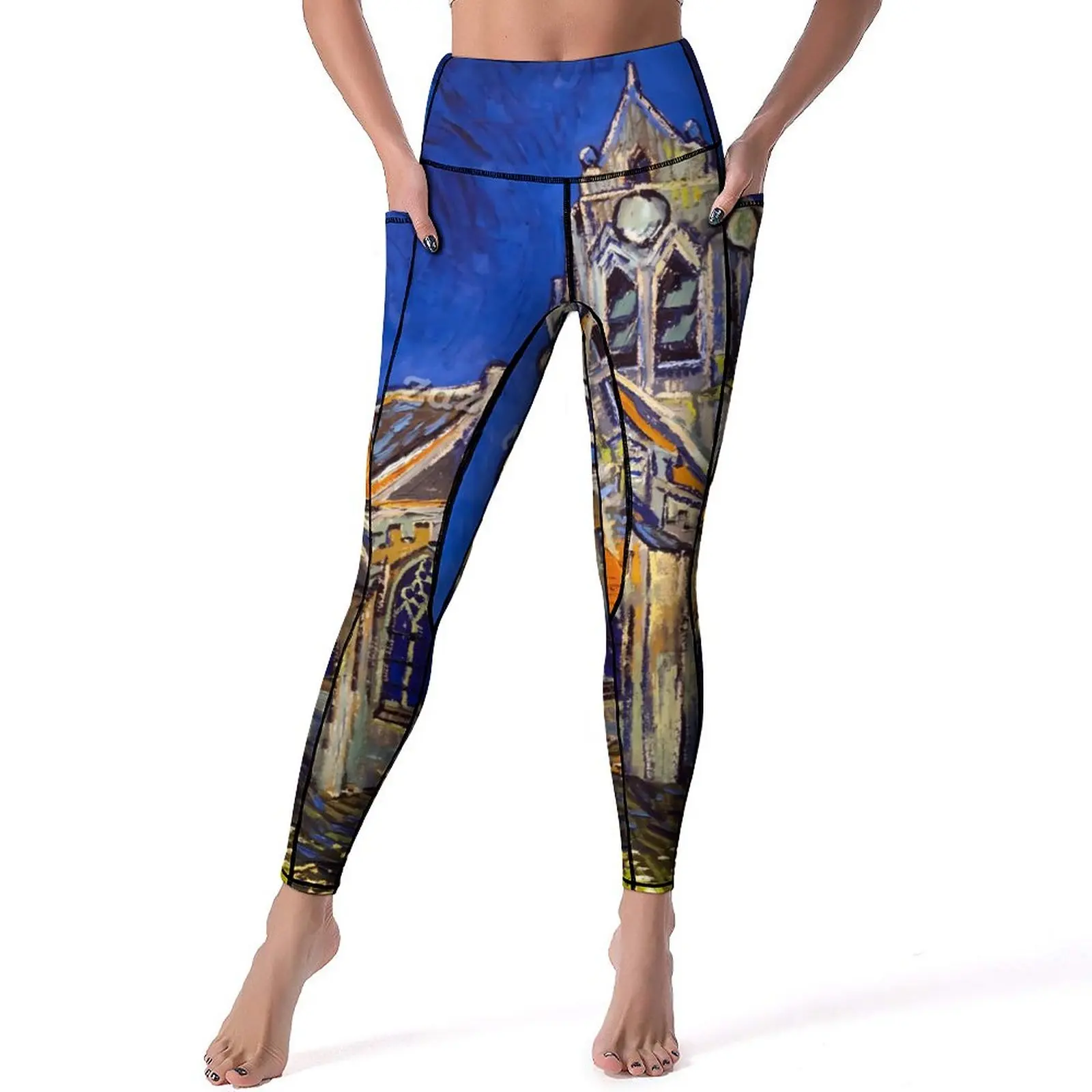

Vincent Van Gogh Yoga Pants Pockets The Church at Auvers Leggings Sexy High Waist Yoga Sports Tights Stretch Design Gym Leggins
