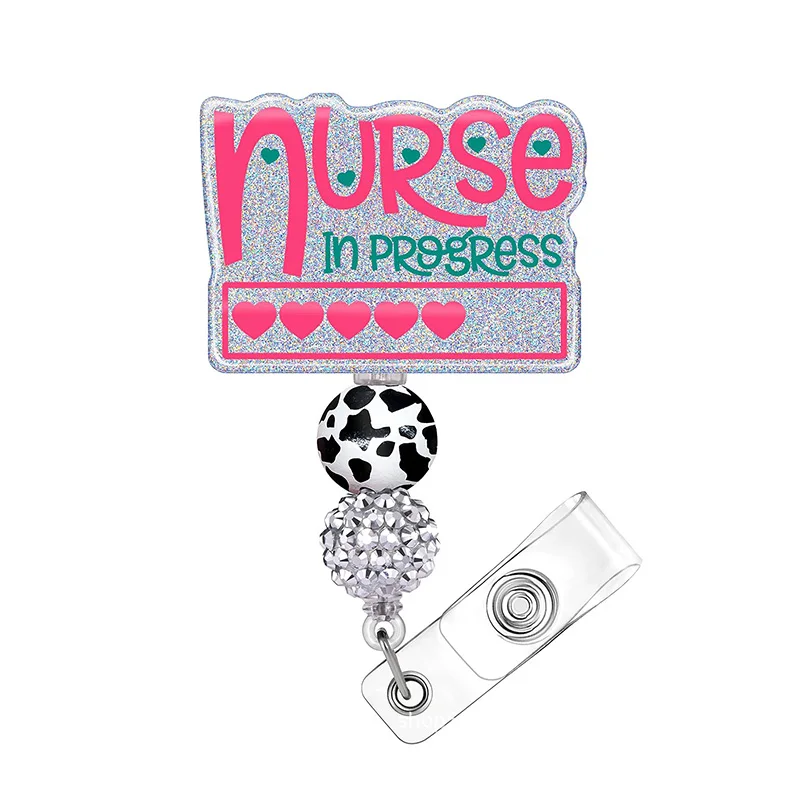 Acrylic Glitter Beaded Retractable Badge Reel Nurse Doctor Student Exhibition ID Card Holder With