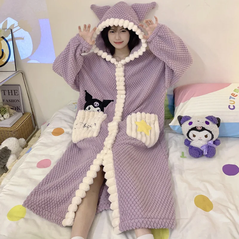 

Anime Sanrio Kuromi Pochacco Nightgown Winter Rose Velvet Hooded Pajamas Female Coral Fleece Cartoon Long Style Loungewear Set