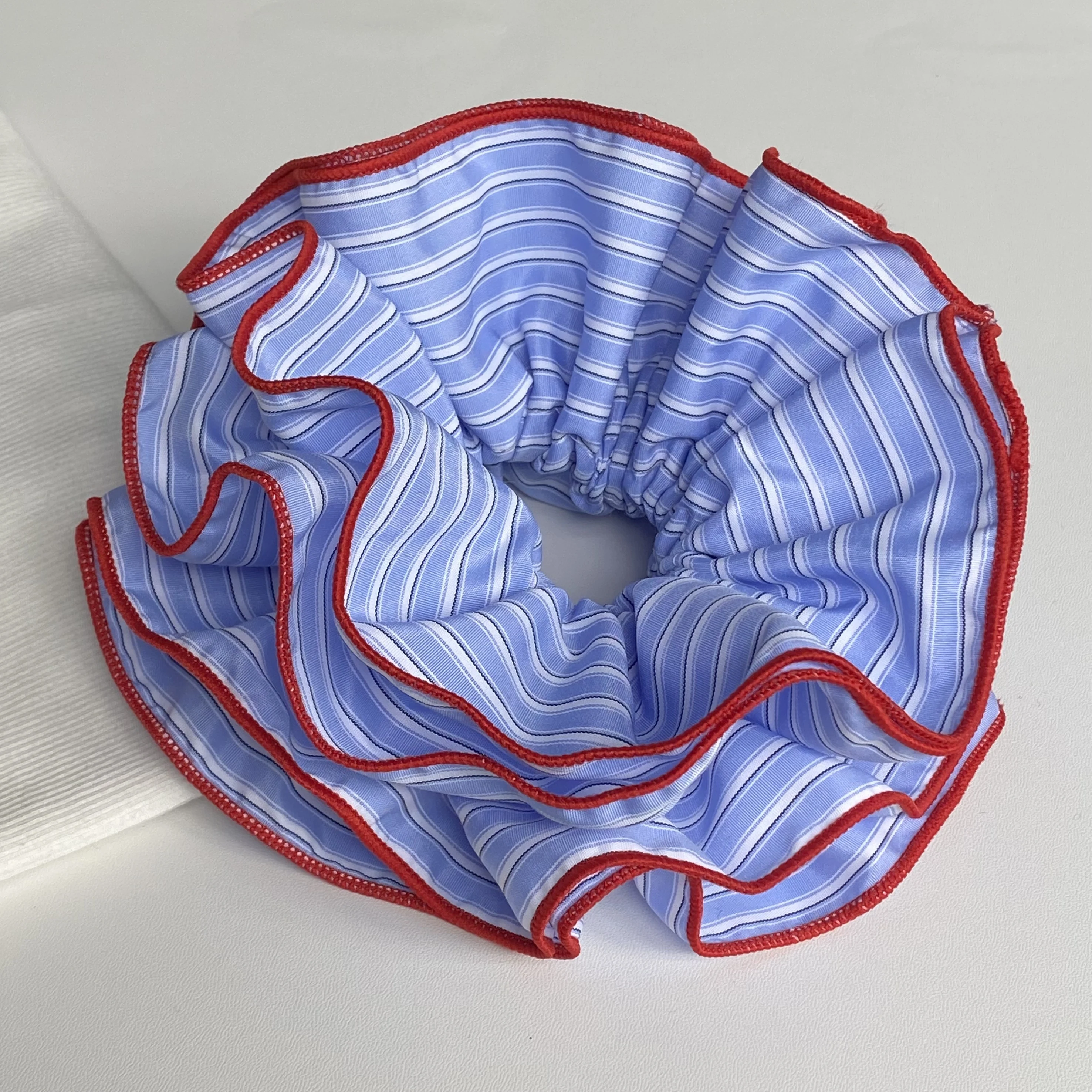 1PC Large Blue Striped Hair Scrunchie with Red Ruffled Edges, Cute and Fashionable Hair Tie, Sweet Hair Accessory for Women