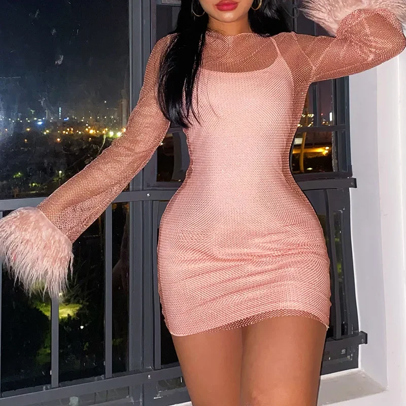 Mesh Knitted Long-sleeved Dress Spring Women's Sexy Tassels Slim Skirt Dancing Party Wedding Dresses For Women Club y2k Dresses pink midi shirt dress women turn down collar buttons polo long sleeve dresses female knitted streetwear silm sexy party dresses