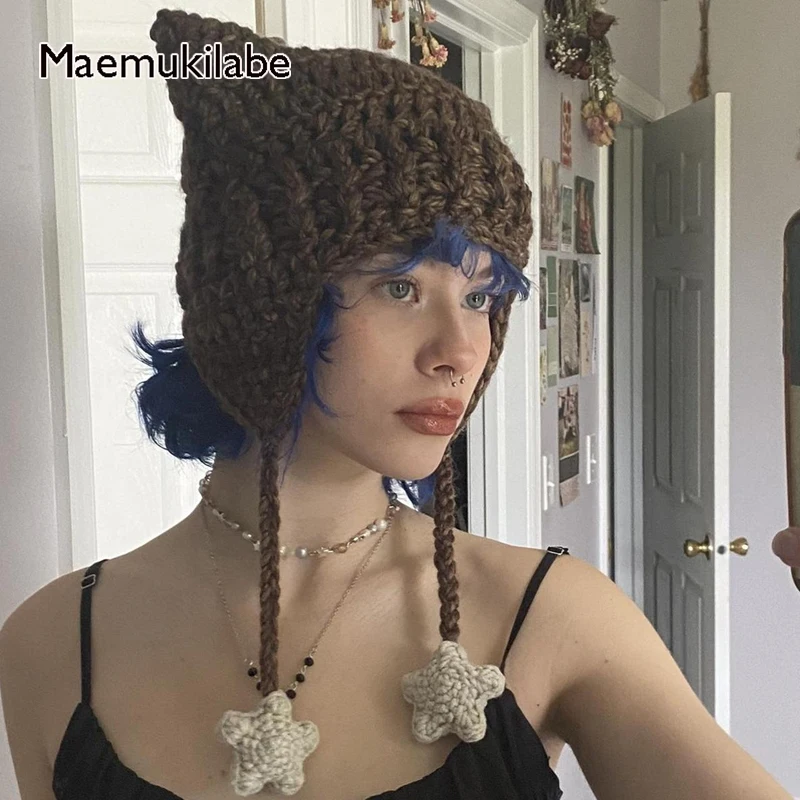 

Maemukilabe Y2K Kawaii вязаные шапки 2000s ретро Фея гранж искусственная кожа Корейский винтажный милый осенне-зимний аксессуар для одежды
