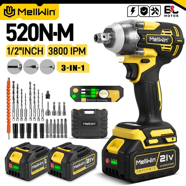 MELLWIN 520N·m Clé à chocs électrique sans fil, perceuse électrique sans fil, tournevis, outil de réparation automobile pour batterie Makita 18V 1