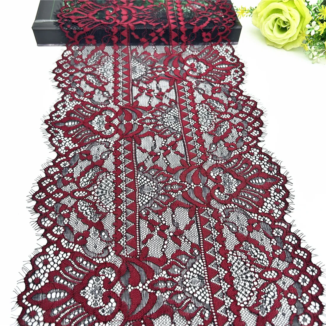 3y/lot Width22.50cm Dark Red Black Elastic Eyelash Lace Trim 1