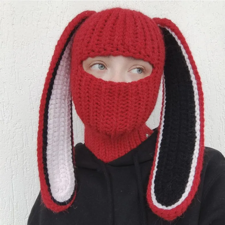 thumbnail image 1 of Pasamontañas de punto unisex para Halloween, gorro de lana con protección para las orejas, cálido, con dibujos de conejo, para invierno, hecho a mano, 1 of 5