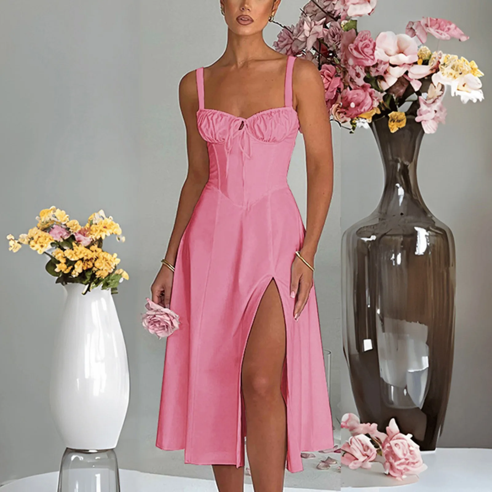 Vestido midi elegante con tirantes finos para verano, largo, con cordones, para fiestas, salidas y vacaciones, vestido informal liso para mujer 2024