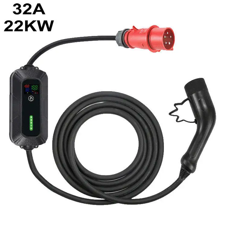 

22kw Portable Electric Car EV Charger Factory Red CEE Plug Type 2 Connector 3 Phase 32A 22kw Fast EV Charging Cable